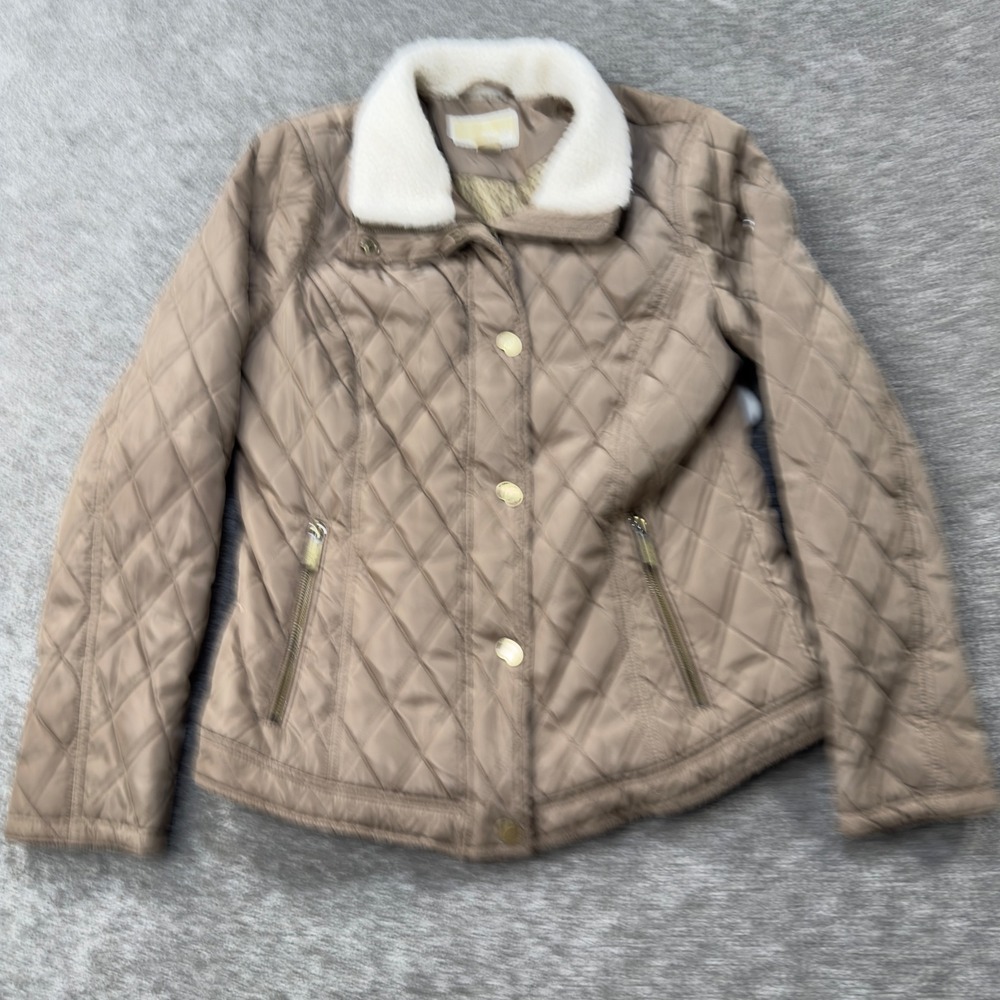 Michael Kors Quilted Jacket Womens Small Taupe Faux Shearling Collar Puffer Coat